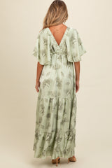 Light Olive Floral Deep V-Neck Maternity Maxi Dress