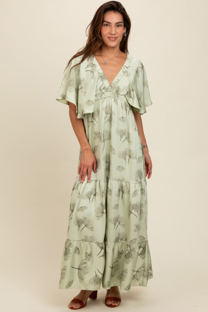 Light Olive Floral Deep V-Neck Maternity Maxi Dress