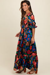 Black Floral Satin Smocked Tiered Maxi Dress