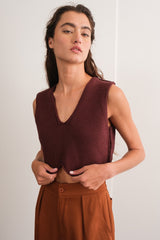 Brown V-Neck Sleeveless Cropped Knit Top