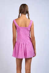 Pink Floral Pattern Ruched Bust Wide Strap Mini Dress