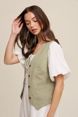 Sage Fitted Linen Vest With Pockets