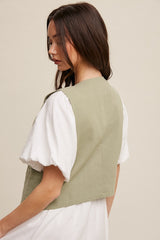 Sage Fitted Linen Vest With Pockets