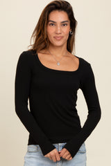 Black Ribbed Square Neck Long Sleeve Top