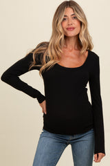 Black Ribbed Square Neck Long Sleeve Maternity Top