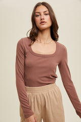 Brown Ribbed Square Neck Long Sleeve Maternity Top