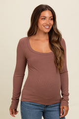 Brown Ribbed Square Neck Long Sleeve Maternity Top