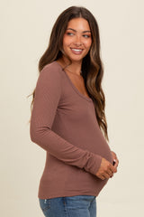 Brown Ribbed Square Neck Long Sleeve Maternity Top