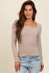 Beige Ribbed Square Neck Long Sleeve Top