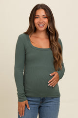 Green Ribbed Square Neck Long Sleeve Maternity Top