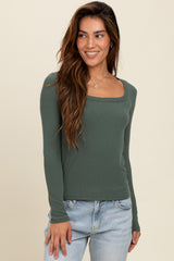 Green Ribbed Square Neck Long Sleeve Maternity Top