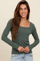 Green Ribbed Square Neck Long Sleeve Top