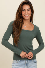 Green Ribbed Square Neck Long Sleeve Top