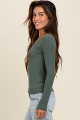 Green Ribbed Square Neck Long Sleeve Top