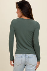 Green Ribbed Square Neck Long Sleeve Top