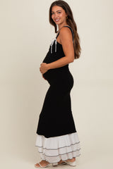 Black Shoulder Tie Layered Hem Maternity Maxi Dress