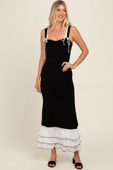 Black Shoulder Tie Layered Hem Maternity Maxi Dress