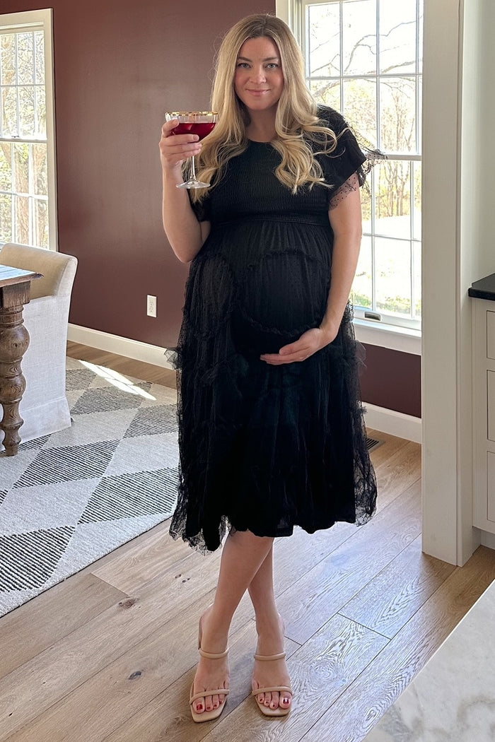 Black Smocked Dotted Tulle Overlay Maternity Midi Dress