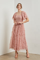 Pink Floral Embroidered Ruffle Tulle Midi Dress