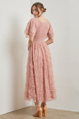 Pink Floral Embroidered Ruffle Tulle Midi Dress