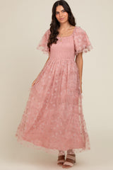 Pink Floral Embroidered Ruffle Tulle Midi Dress