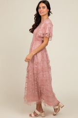 Pink Floral Embroidered Ruffle Tulle Midi Dress