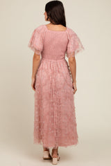 Pink Floral Embroidered Ruffle Tulle Midi Dress