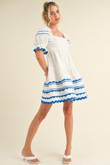 Off White Blue Trim Babydoll Mini Dress