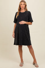 Black Rhinestone Mineral Washed Maternity T-Shirt Dress