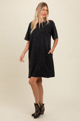 Black Rhinestone Mineral Washed T-Shirt Dress