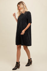 Black Rhinestone Mineral Washed T-Shirt Dress