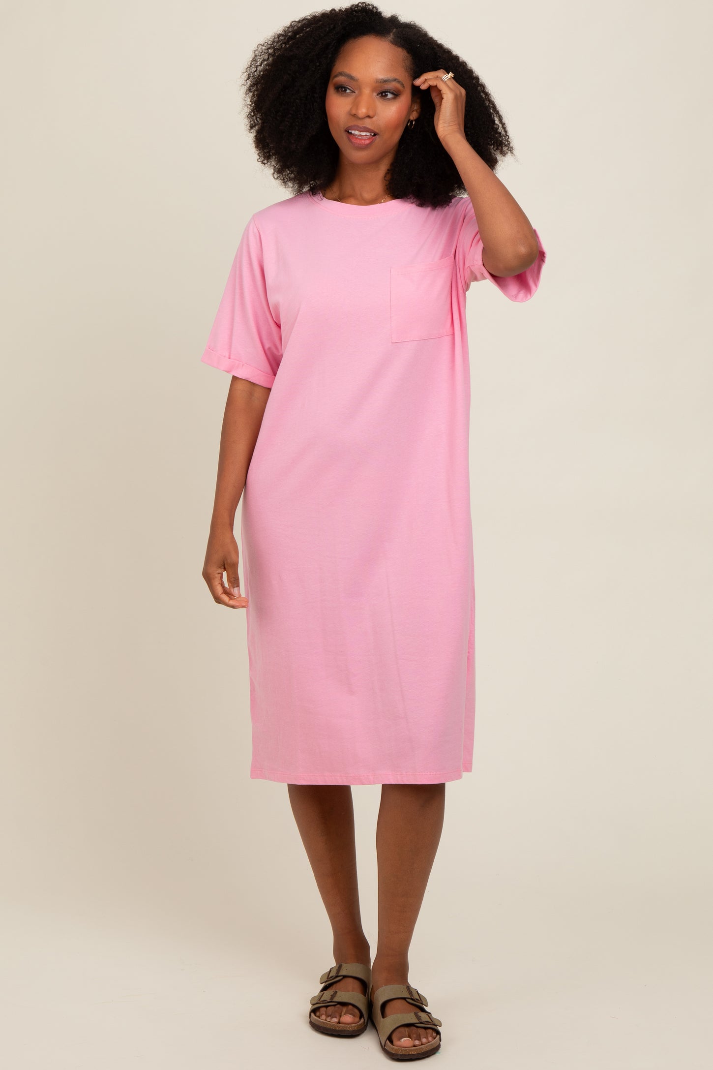 Light Pink Oversized Round Neck T-Shirt Dress