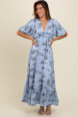 Blue Floral Chiffon Ruffle Accent Maxi Dress