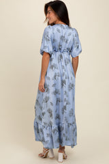 Blue Floral Chiffon Ruffle Accent Maxi Dress