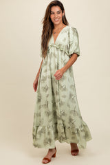 Light Olive Floral Chiffon Ruffle Accent Maxi Dress