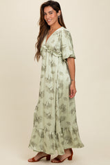 Light Olive Floral Chiffon Ruffle Accent Maxi Dress