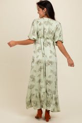 Light Olive Floral Chiffon Ruffle Accent Maxi Dress