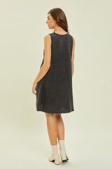 Black Mineral-Washed Gauze V-Neck Flare Mini