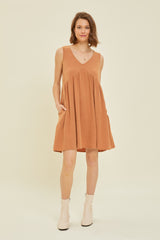 Rust Mineral-Washed Gauze V-Neck Flare Mini