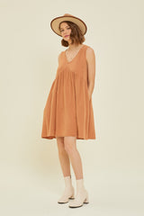 Rust Mineral-Washed Gauze V-Neck Flare Mini