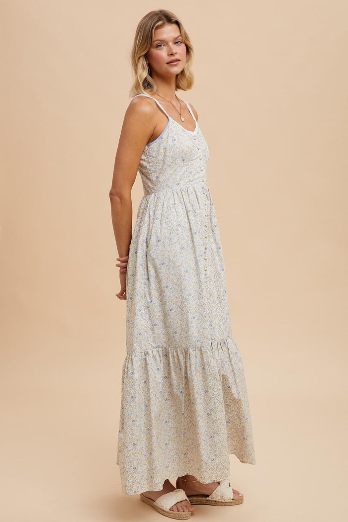 Daffodil Blue Multi Cotton Floral Button Down Maxi