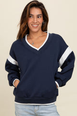 Navy Contrast Sleeve V-Neck Maternity Sweatshirt