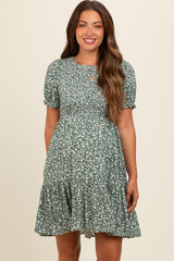 Light Olive Floral Puff Sleeve Smocked Maternity Dress