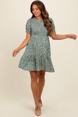 Light Olive Floral Puff Sleeve Smocked Maternity Dress