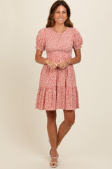 Peach Floral Puff Sleeve Smocked Dress