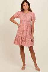 Peach Floral Puff Sleeve Smocked Dress