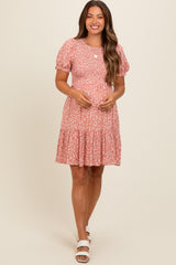 Peach Floral Puff Sleeve Smocked Maternity Dress