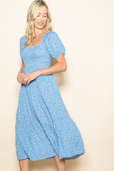 Blue Floral Smocked Ruffle Hem Midi Dress