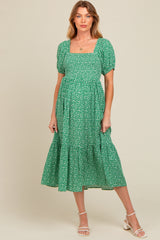 Green Floral Smocked Ruffle Hem Maternity Midi Dress