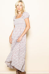 Mauve Floral Puff Sleeve Smocked Maxi Dress